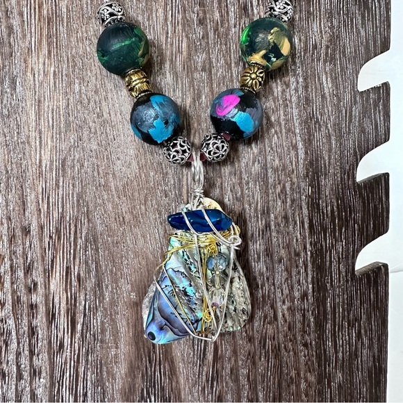 Handcrafted Abalone Shell Pendant Assemblage Art Mixed Media Necklace Leather - Picture 11 of 11